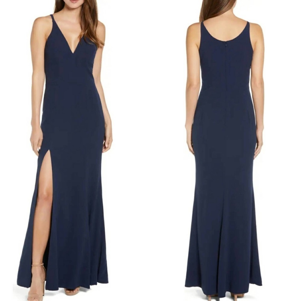 Dress The Population Iris Slit Crepe Gown L Navy Blue Sleeveless Gown Maxi